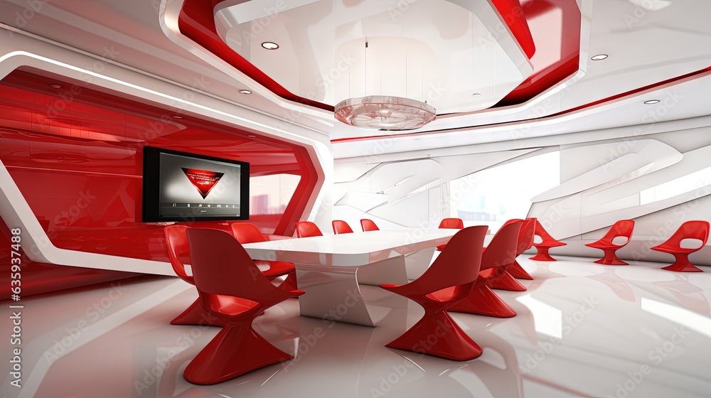 Poster a room with red chairs and a table with a tv on it. generative ai