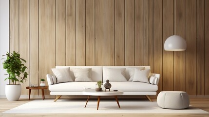 Naklejka na ściany i meble Japanese style interior design of modern living room with sofa and blank frame on wooden wall.