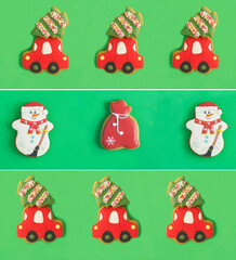 Fototapeta premium Christmas collage. Christmas gingerbread in the shape of a car with fir, snowman and bag on the green background. Pattern.
