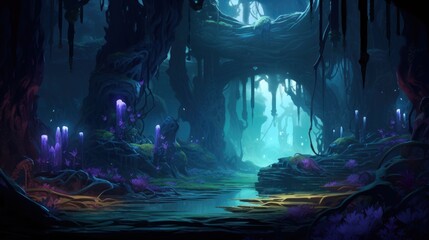 Futuristic wilderness at night, where bioluminescent plants and neon creatures thrive in an electrifying ecosystem