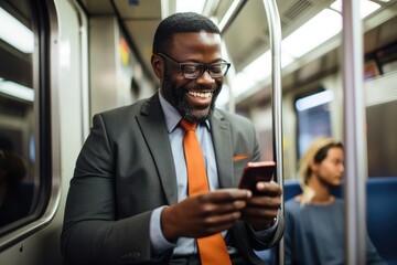 Middle aged african american businessman using a smart phone while commuting to work in a subway in New York