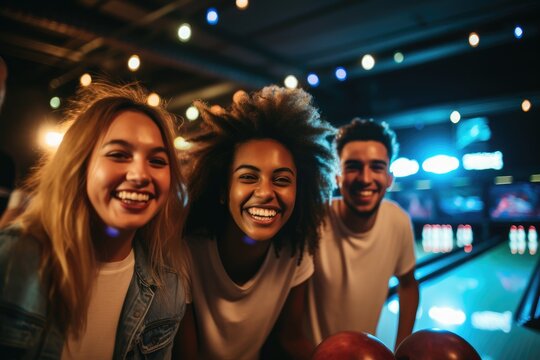 Portrait of a diverse and mixed gorup of young people bowling in a bowling alley