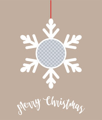 Christmas Photo frame collage. Hanging big snowflake and round photo frame. Blank Template. Mockup on beige background. Vector Holiday composition. EPS10.