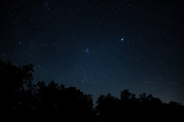 Night Sky With Perseid Meteor Shower, Pleiades Asterism And Satellites