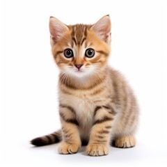 Cute orange tebby kitten sits isolated on white