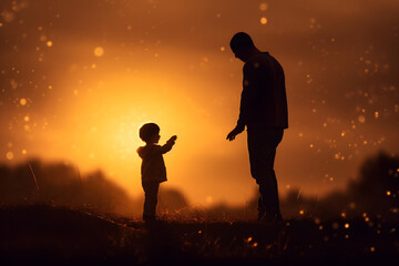 father and child at sunset. silhouette. bokeh background.