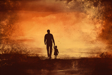 Obraz premium father and child at sunset. silhouette. bokeh background.