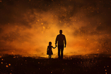 father and child at sunset. silhouette. bokeh background.