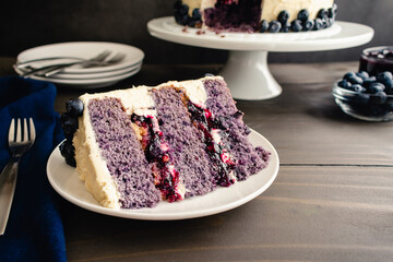 Slice of Blueberry Cobbler Cake on a Plate: Sliced 3-layer cake with blueberry crumble filling and vanilla buttercream icing