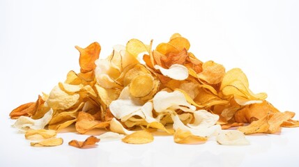 An image of a pile of potato chips artistically scattered across a blank white canvas.