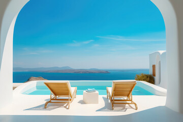 Fototapeta na wymiar Tranquil Mediterranean Retreat: Poolside Terrace with Sea View