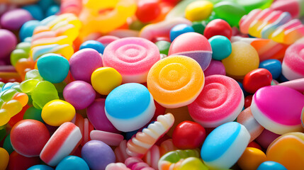 A close up of a pile of candy candies - obrazy, fototapety, plakaty
