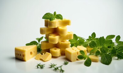 cheese and basil on white background