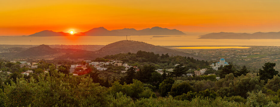 View of Kos Island and Greek Orthodox church from Zia Sunset View at sunset, Zia Village, Kos Town, Kos, Dodecanese, Greek Islands, Greece