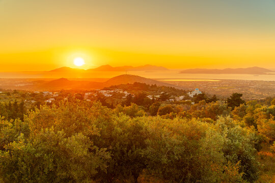 View of Kos Island and Greek Orthodox church from Zia Sunset View at sunset, Zia Village, Kos Town, Kos, Dodecanese, Greek Islands, Greece
