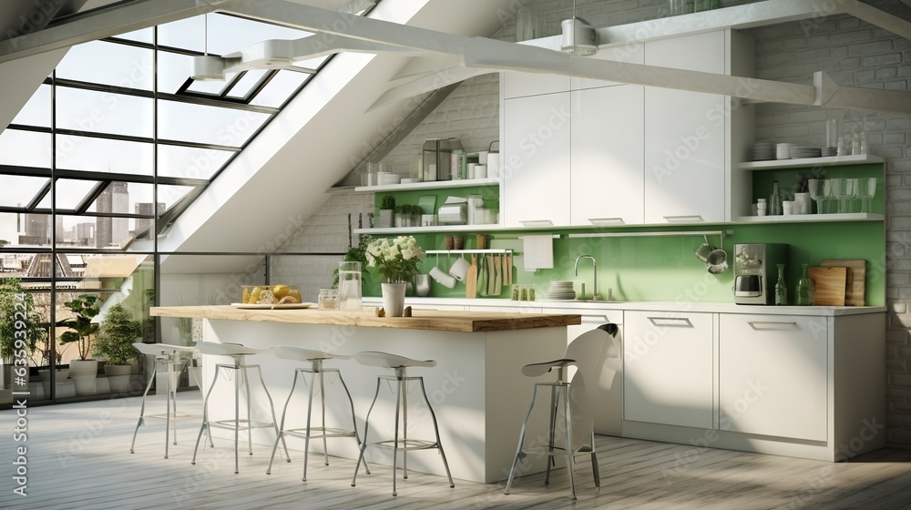 Poster a kitchen with a bar and lots of counter space in it. generative ai