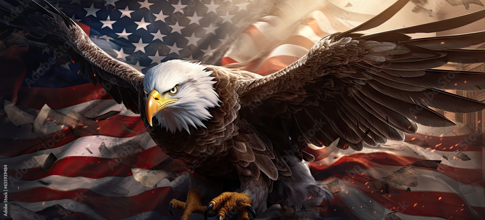 Poster an eagle is in front of an american flag generative ai