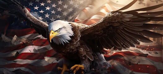 an eagle is in front of an american flag Generative Ai - obrazy, fototapety, plakaty
