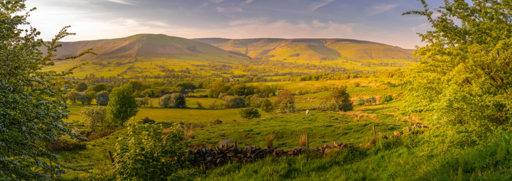 View of landscape toward Edale village in spring, Derbyshire Dales, Peak District National Park, Derbyshire, England, United Kingdom