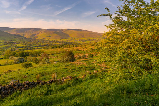 View of landscape toward Edale village in spring, Derbyshire Dales, Peak District National Park, Derbyshire, England, United Kingdom