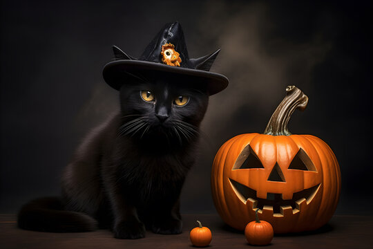 Black cat wearing witch hat sitting near jack o lantern pumpkin. Halloween background. Generative AI.