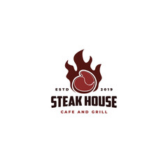 Beef Meat In Fire, Steak House Logo Vector