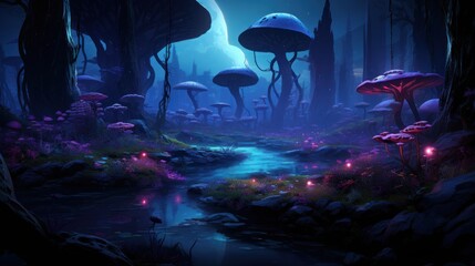 Futuristic wilderness at night, where bioluminescent plants and neon creatures thrive in an electrifying ecosystem