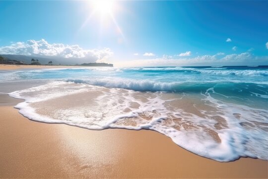 A serene above beach shot appears in the summer vacation banner. wonderful blue ocean lagoon sea coastline beach with waves. A sandy beach is seen in the distance. a panoramic picture of the sandy