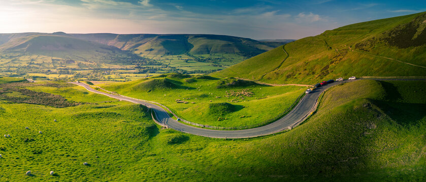 Aerial view of road to Edale, Vale of Edale, Peak District National Park, Derbyshire, England, United Kingdom