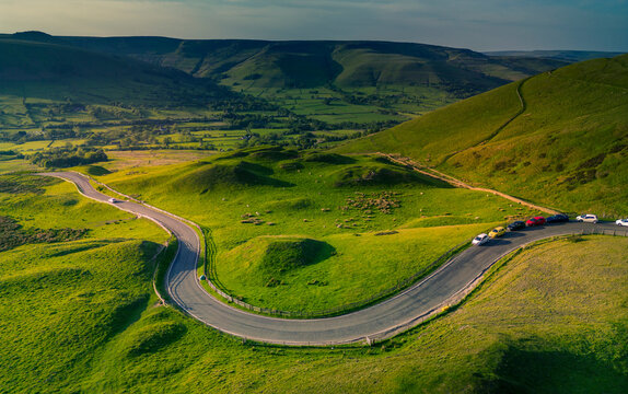 Aerial view of road to Edale, Vale of Edale, Peak District National Park, Derbyshire, England, United Kingdom