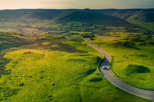 Aerial view of road to Edale, Vale of Edale, Peak District National Park, Derbyshire, England, United Kingdom