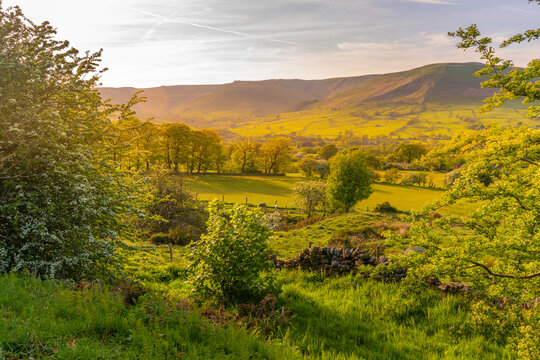 View of landscape toward Edale village during spring, Peak District National Park, Derbyshire, England, United Kingdom