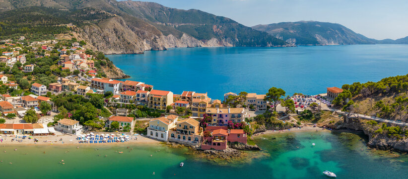 Aerial view of coastline near Zola, Kefalonia, Ionian Islands, Greek Islands, Greece