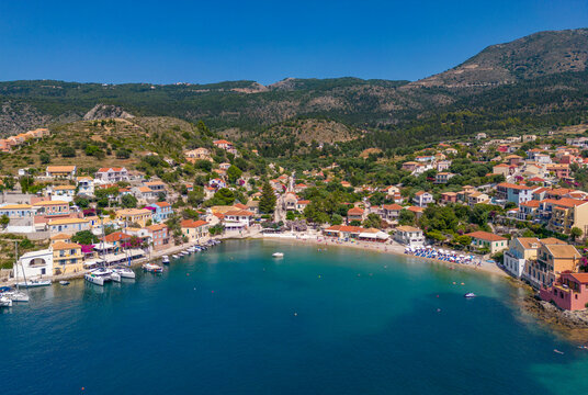 Aerial view of coastline near Zola, Kefalonia, Ionian Islands, Greek Islands, Greece