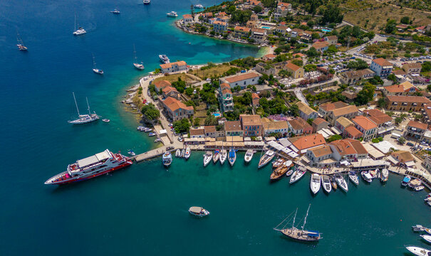Aerial view of coastline near Zola, Kefalonia, Ionian Islands, Greek Islands, Greece