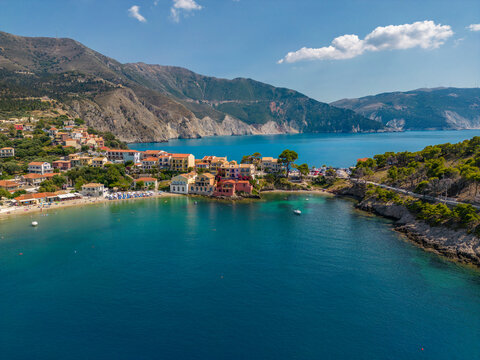 Aerial view of coastline near Zola, Kefalonia, Ionian Islands, Greek Islands, Greece
