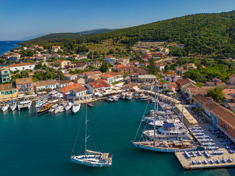 Aerial view of coastline near Zola, Kefalonia, Ionian Islands, Greek Islands, Greece