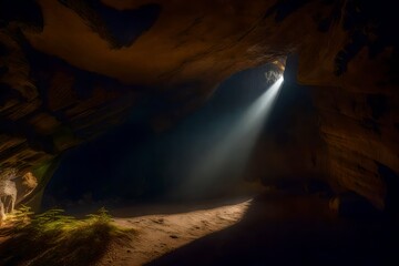 An entrance of a cave illuminated by sunlight - AI Generative