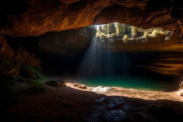 An entrance of a cave illuminated by sunlight - AI Generative