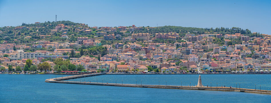 View of Argostoli and De Bosset Bridge, capital of Cephalonia, Kefalonia, Ionian Islands, Greek Islands, Greece
