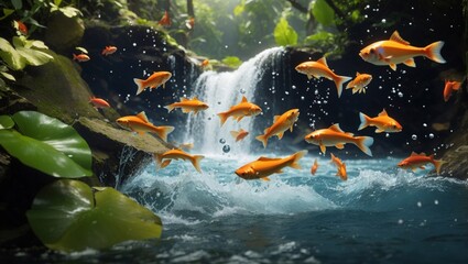 goldfish jumping in the front of waterfall