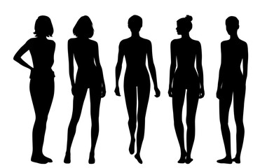 Vector silhouettes of young attractive slender women, figures of girls in various poses, standing, black, isolated on a white background