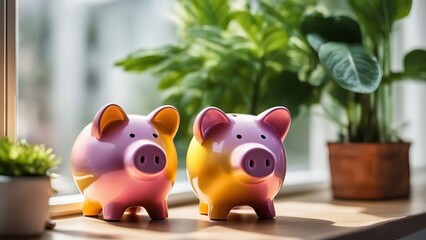 Two pink piggy banks for coins video link pink pig standing on the windowsill