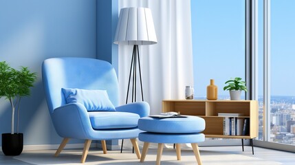  a living room with a blue chair and ottoman next to a window.  generative ai