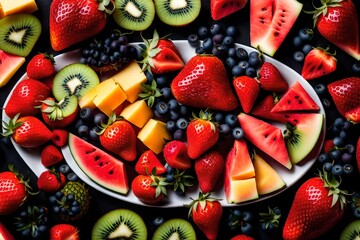 fruit platter featuring a colorful assortment of ripe strawberries, juicy watermelon chunks, succulent pineapple slices, and vibrant kiwi wedges - AI Generative