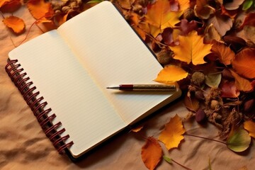 Anime style fall flat lay with notepad, pyracantha, and leaves