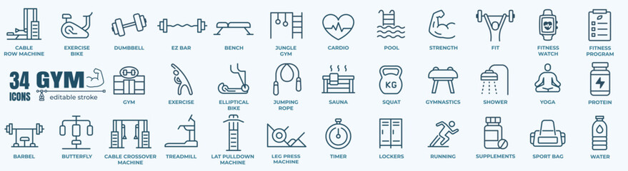 Gym equipment and fitness icon set. Containing healthy lifestyle, weight training, body care and workout or exercise equipment icons. Solid icons vector collection. - obrazy, fototapety, plakaty