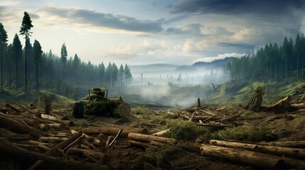 deforestation and forest destruction, natural and environmental disaster, tree damage and climate change concept, generative AI
