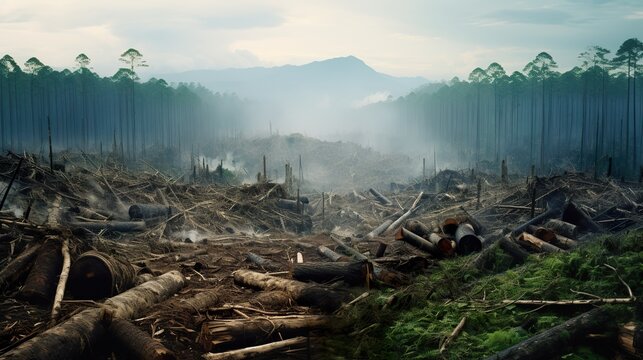 deforestation and forest destruction, natural and environmental disaster, tree damage and climate change concept, generative AI