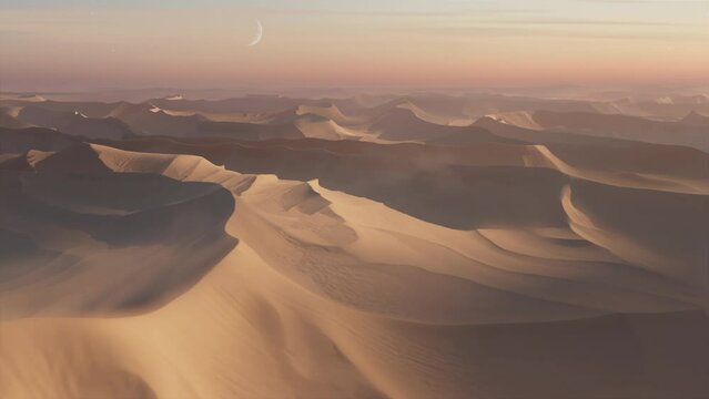 Dawn in the desert, aerial dolly shot. 3d animation.